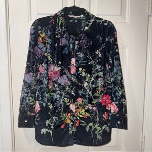Soft Surroundings Black Floral Button Down Long Sleeve Velour Shirt PM
